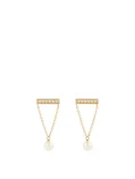 14K Gold Bar Earrings With Pearls And Diamonds