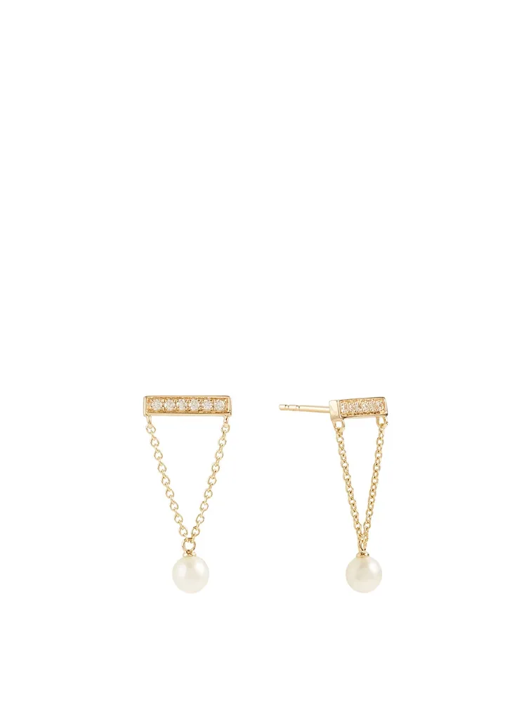14K Gold Bar Earrings With Pearls And Diamonds