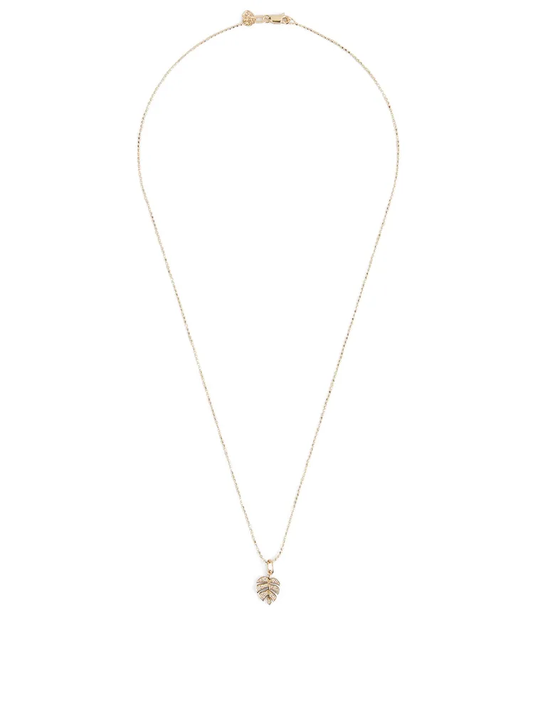 Small 14K Gold Monstera Leaf Charm Necklace With Diamonds