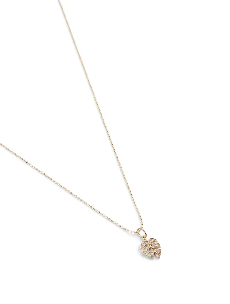 Small 14K Gold Monstera Leaf Charm Necklace With Diamonds