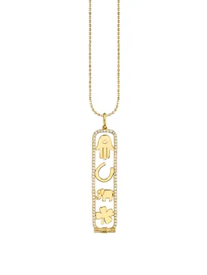 14K Gold Luck And Protection Long Cartouche Necklace With Diamonds