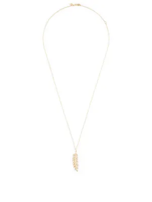 14K Gold Necklace With Large Diamond Feather Pendant