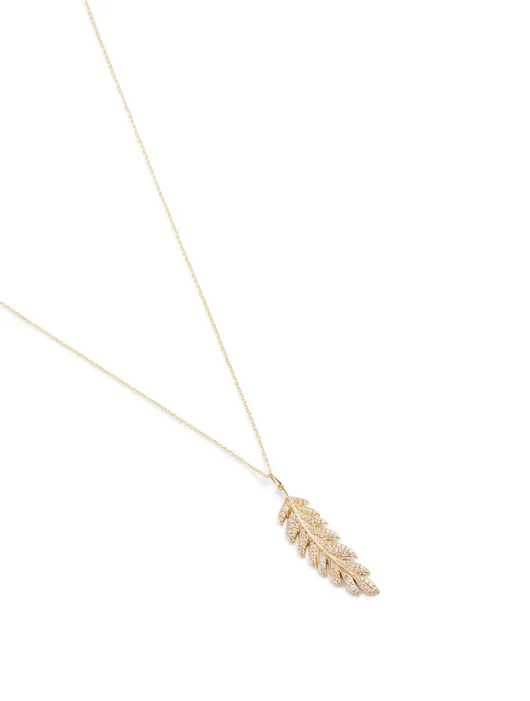 14K Gold Necklace With Large Diamond Feather Pendant