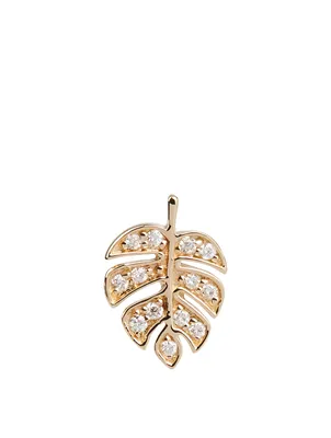 Tiny 14K Gold Monstera Leaf Left Stud Earring With Diamonds