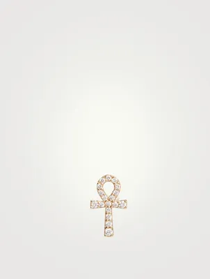 14K Gold Ankh Stud Earring With Diamonds