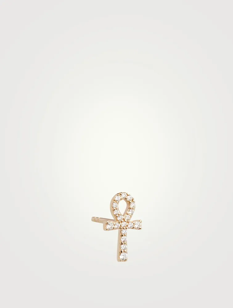 14K Gold Ankh Stud Earring With Diamonds