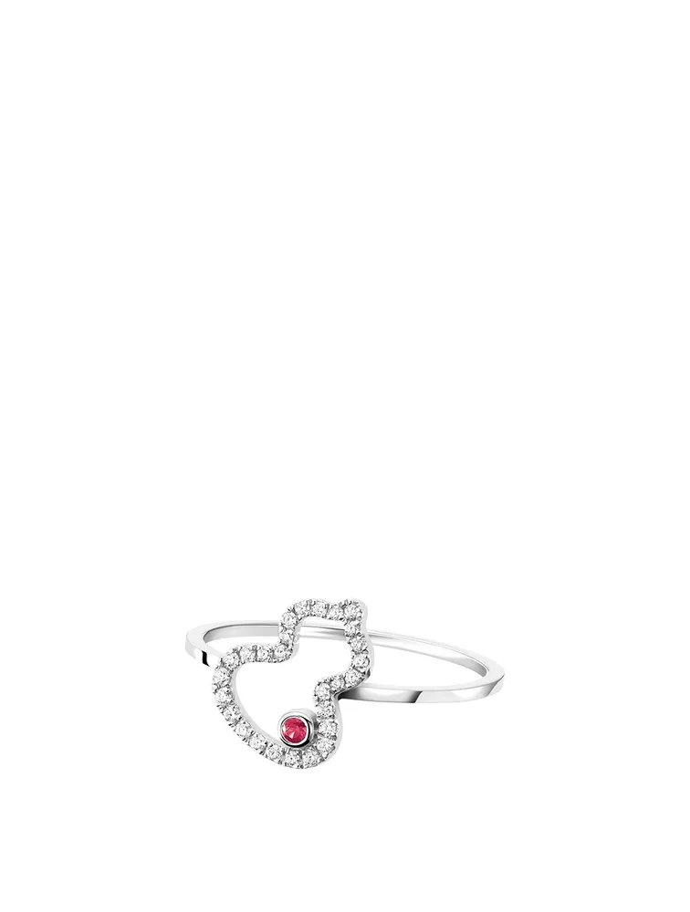 Petite Wulu 18K White Gold Ring With Diamonds And Ruby