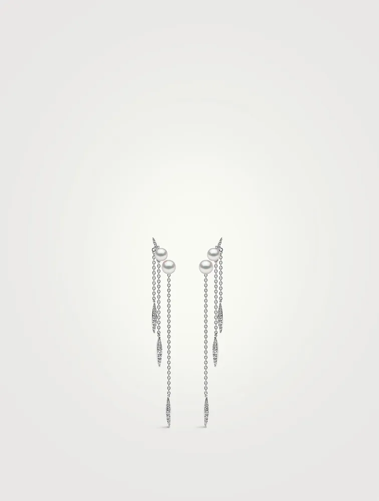 18K White Gold Pearl And Diamond Drop Chain Earrings