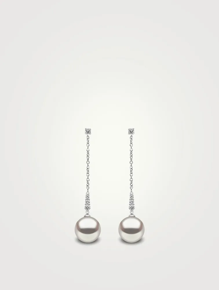 18K White Gold Pearl And Diamond Drop Chain Earrings