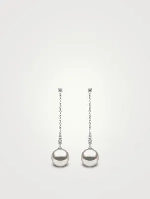 18K White Gold Pearl And Diamond Drop Chain Earrings