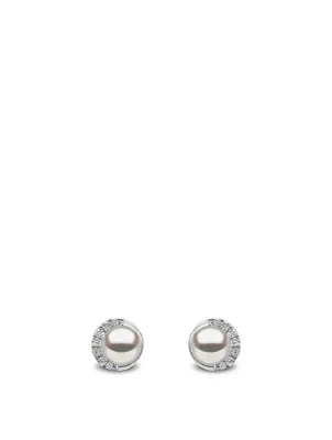 18K White Gold Pearl Stud Earrings With Diamonds
