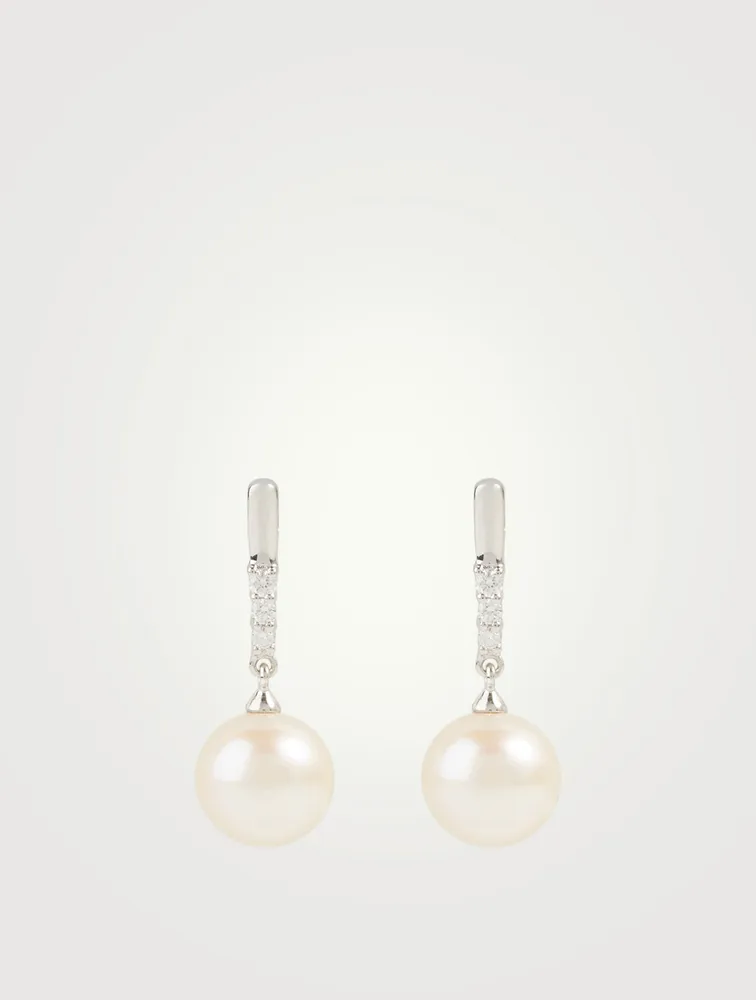 18K White Gold Pearl Drop Earrings With Diamonds