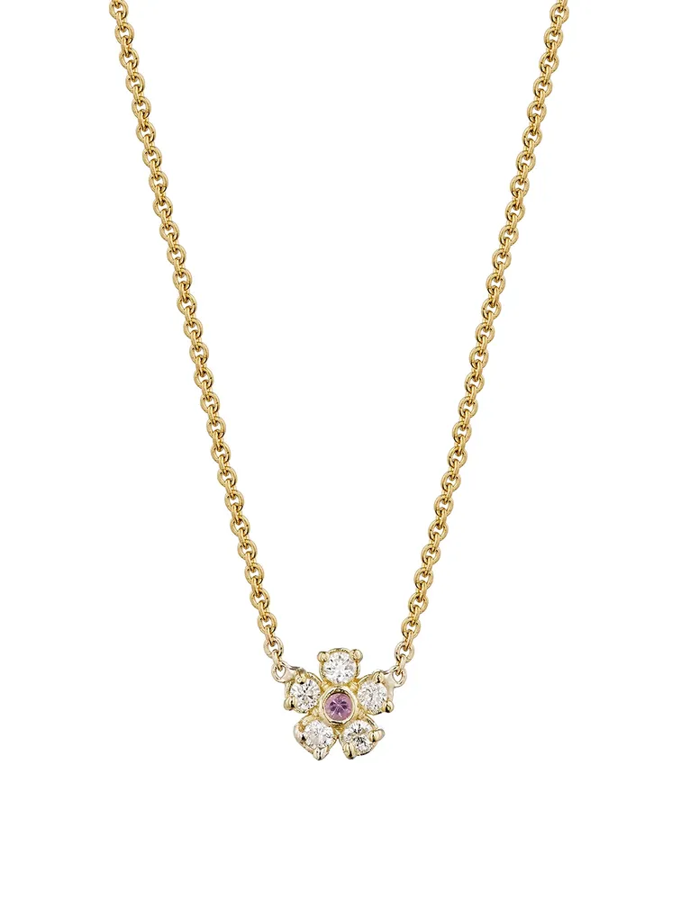 18K Gold Flower Necklace With Pink Sapphire And Diamonds