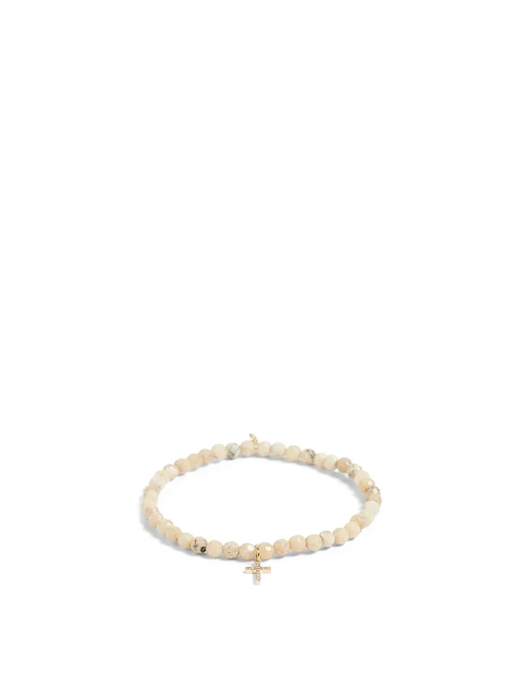 Beaded Bracelet With 14K Gold Small Cross Diamond Charm