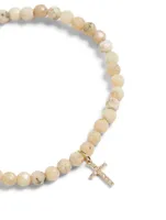 Beaded Bracelet With 14K Gold Small Cross Diamond Charm