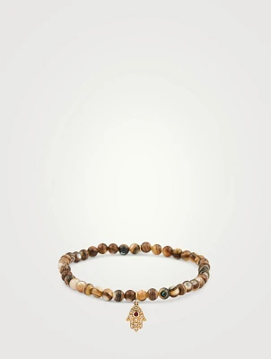 Beaded Bracelet With 14K Gold Baby Hamsa Diamond And Ruby Charm