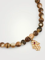 Beaded Bracelet With 14K Gold Baby Hamsa Diamond And Ruby Charm