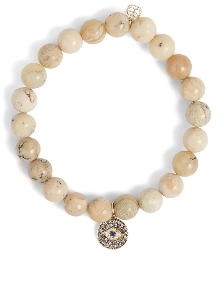 Beaded Bracelet With 14K Gold Small Diamond And Sapphire Eye Disc Charm