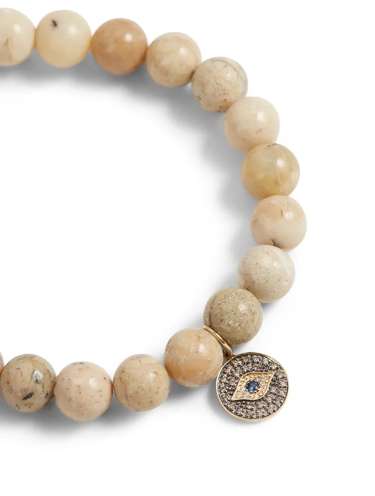 Beaded Bracelet With 14K Gold Small Diamond And Sapphire Eye Disc Charm