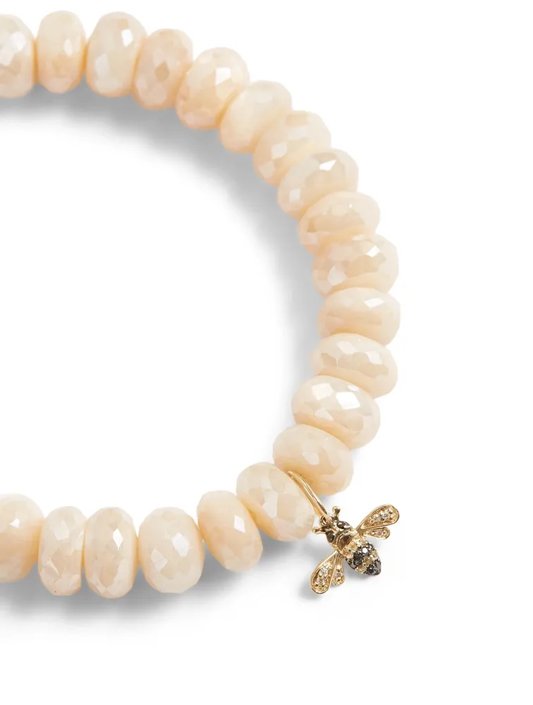 Beaded Bracelet With 14K Gold Small Diamond And Sapphire Bee Charm