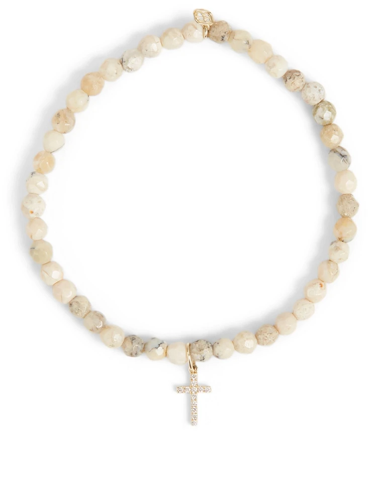 Beaded Bracelet With 14K Gold Small Diamond Cross Charm