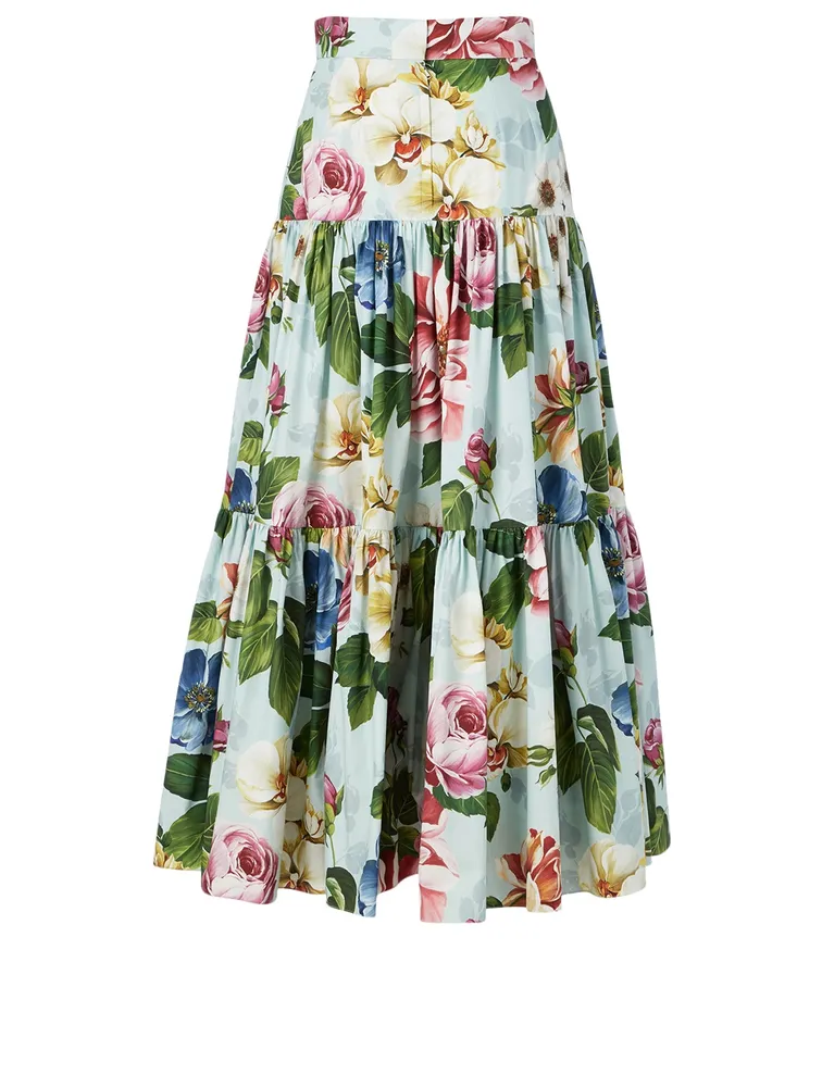 Cotton Tiered Long Skirt Floral Print