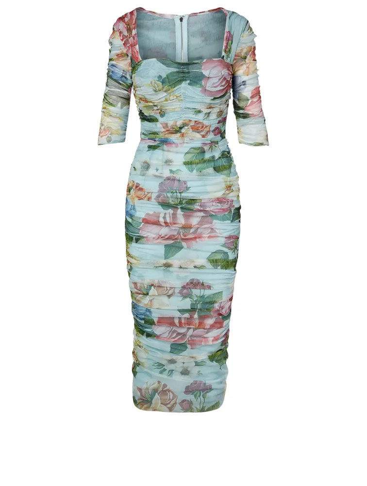 Cotton Ruched Midi Dress Floral Print