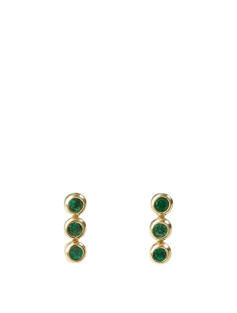 Mini Three-Emerald Bezel Stud Earrings