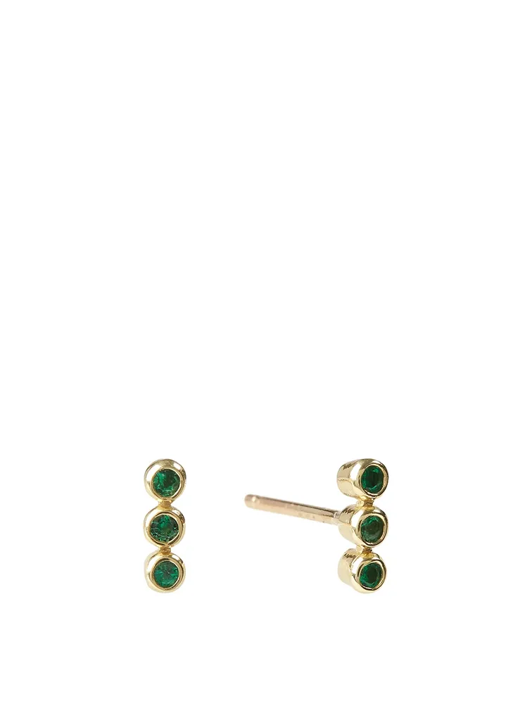 Mini Three-Emerald Bezel Stud Earrings