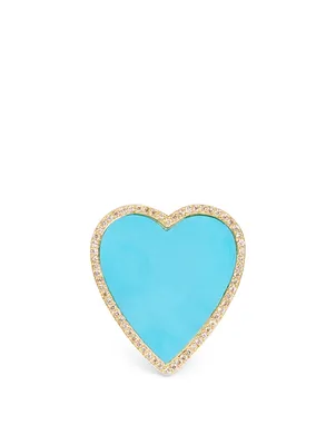 Large Gold Turquoise Inlay Heart Ring With Diamonds