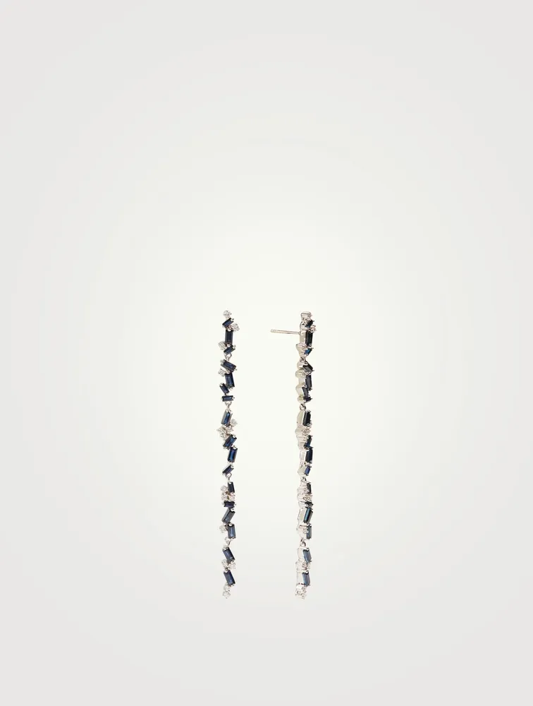 Fireworks 18K White Gold Flexible Dangle Earrings With Diamonds And Blue Sapphire