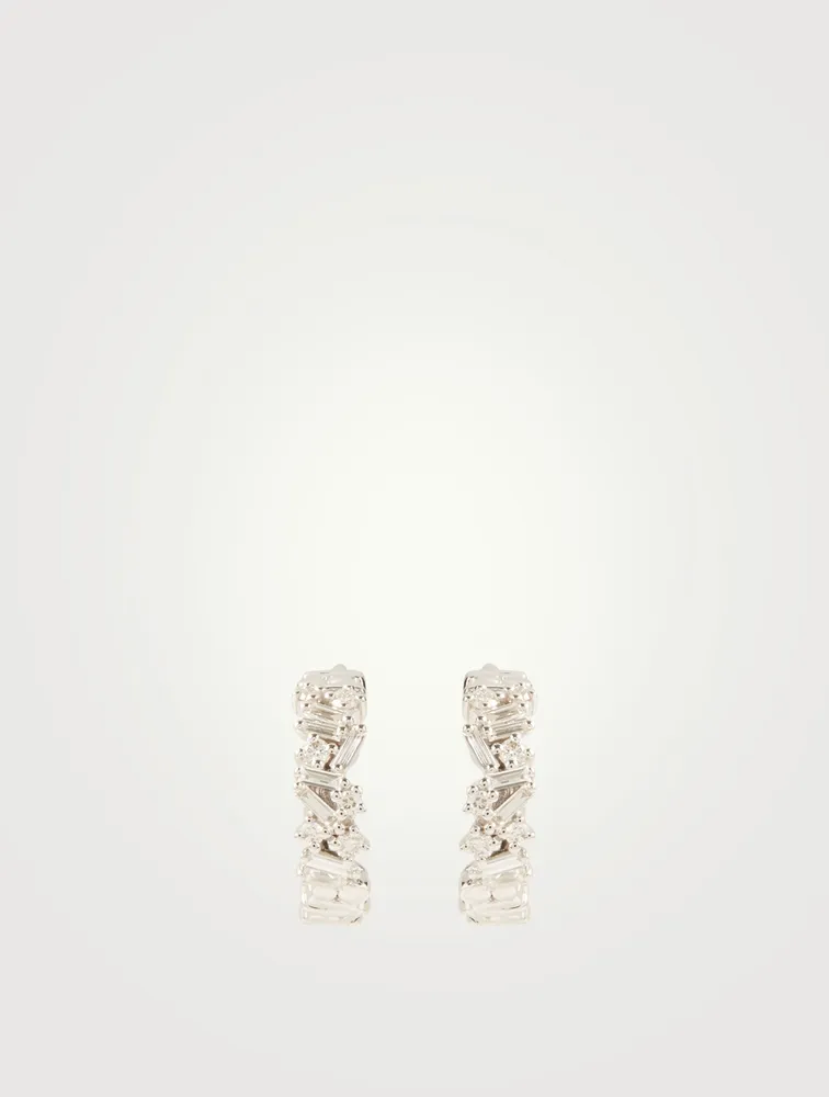 Small Fireworks 18K White Gold Diamond Hoop Earrings