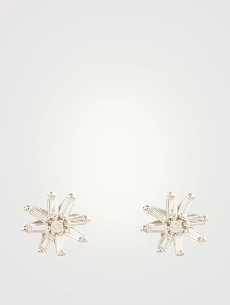 Small Fireworks 18K White Gold Starburst Stud Earrings With Diamonds