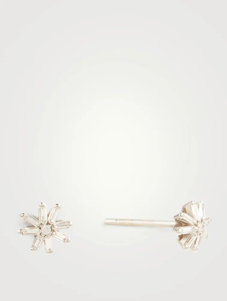 Small Fireworks 18K White Gold Starburst Stud Earrings With Diamonds