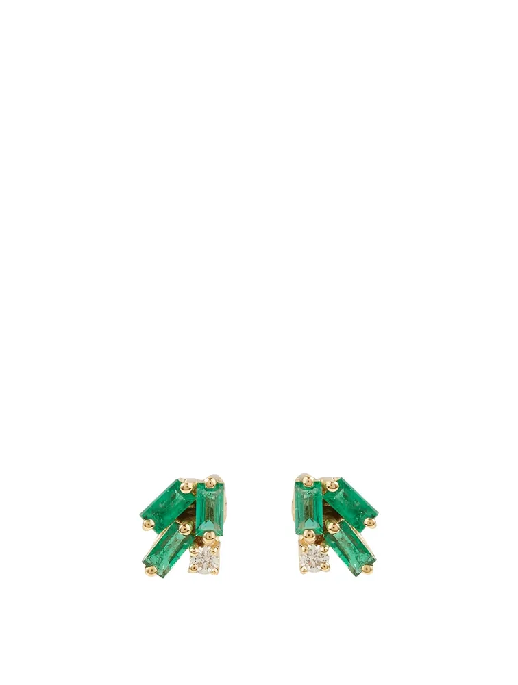Fireworks 18K Gold Stud Earrings With Emerald And Diamonds