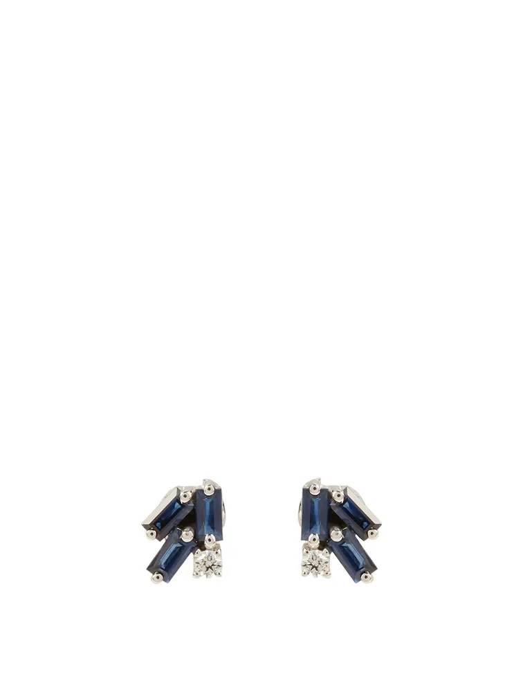 Fireworks 18K White Gold Stud Earrings With Blue Sapphire And Diamonds