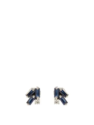 Fireworks 18K White Gold Stud Earrings With Blue Sapphire And Diamonds