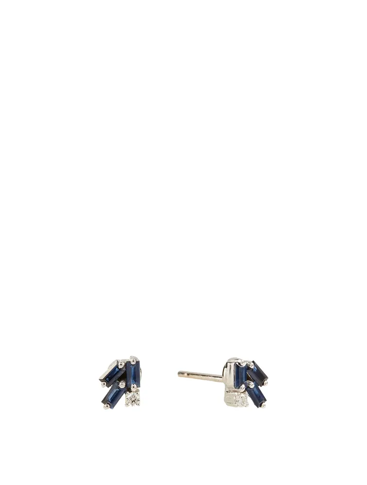 Fireworks 18K White Gold Stud Earrings With Blue Sapphire And Diamonds