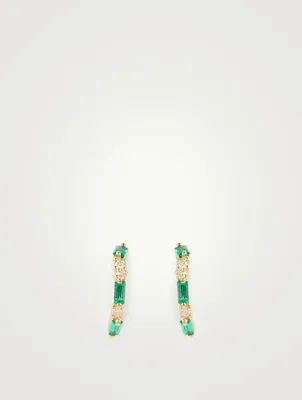 Small Fireworks 18K Gold Hoop Earrings With Emerald And Diamonds