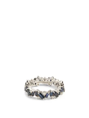 Rainbow Fireworks 18K White Gold Ring With Blue Sapphire And Diamonds