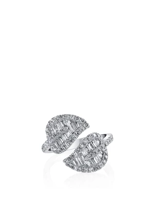 Medium 18K White Gold Leaf Ring With Diamonds