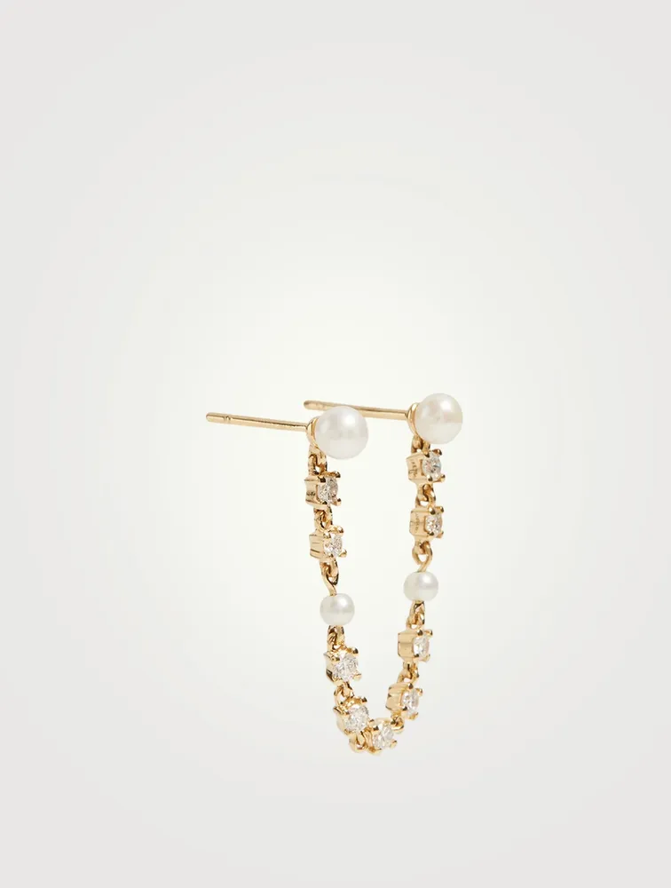 18K Gold Double Piercing Loop Earring With Pearls And Diamonds