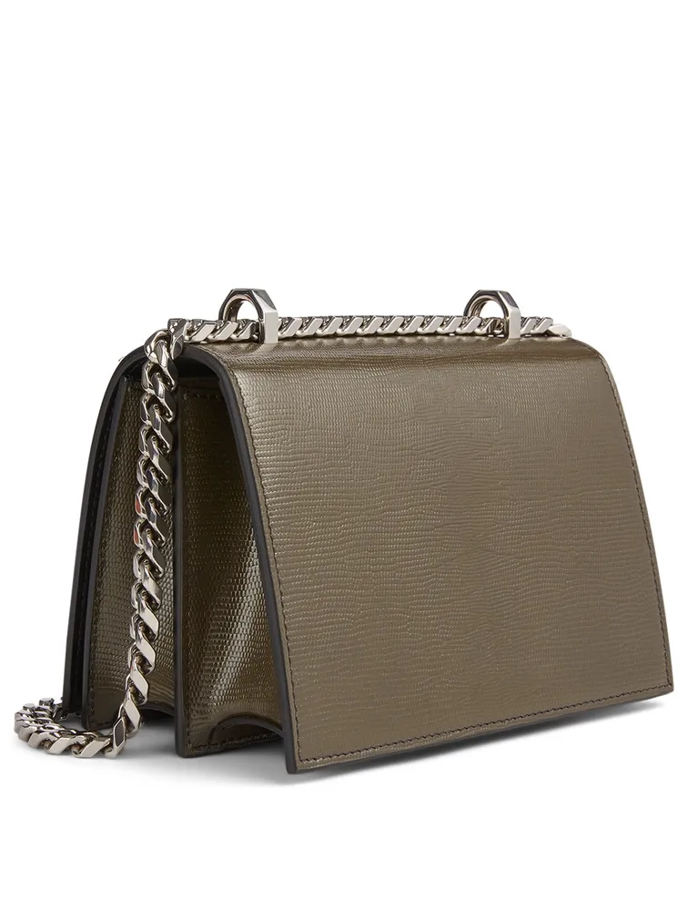 Small Lizard-Embossed Leather Jewelled Satchel Bag