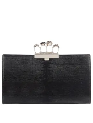 Four-Ring Lizard-Embossed Leather Clutch Bag