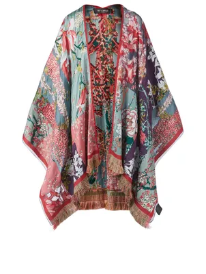 Jacquard Poncho In Floral Print With Fringe