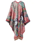 Jacquard Poncho In Floral Print With Fringe