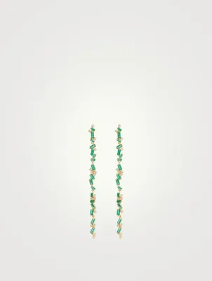 Rainbow Fireworks 18K Gold Linear Drop Earrings With Emeralds And Diamonds