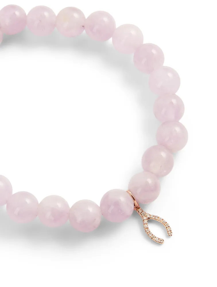 Beaded Bracelet With Small 14K Rose Gold Diamond Wishbone Charm