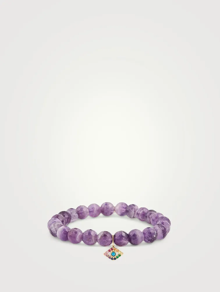 Beaded Bracelet With Large 14K Gold Evil Eye Charm