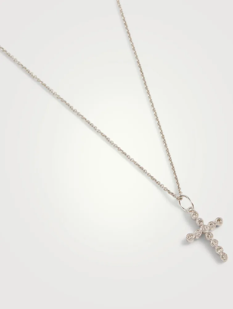 14K White Gold Small Diamond Cross Necklace With Diamonds
